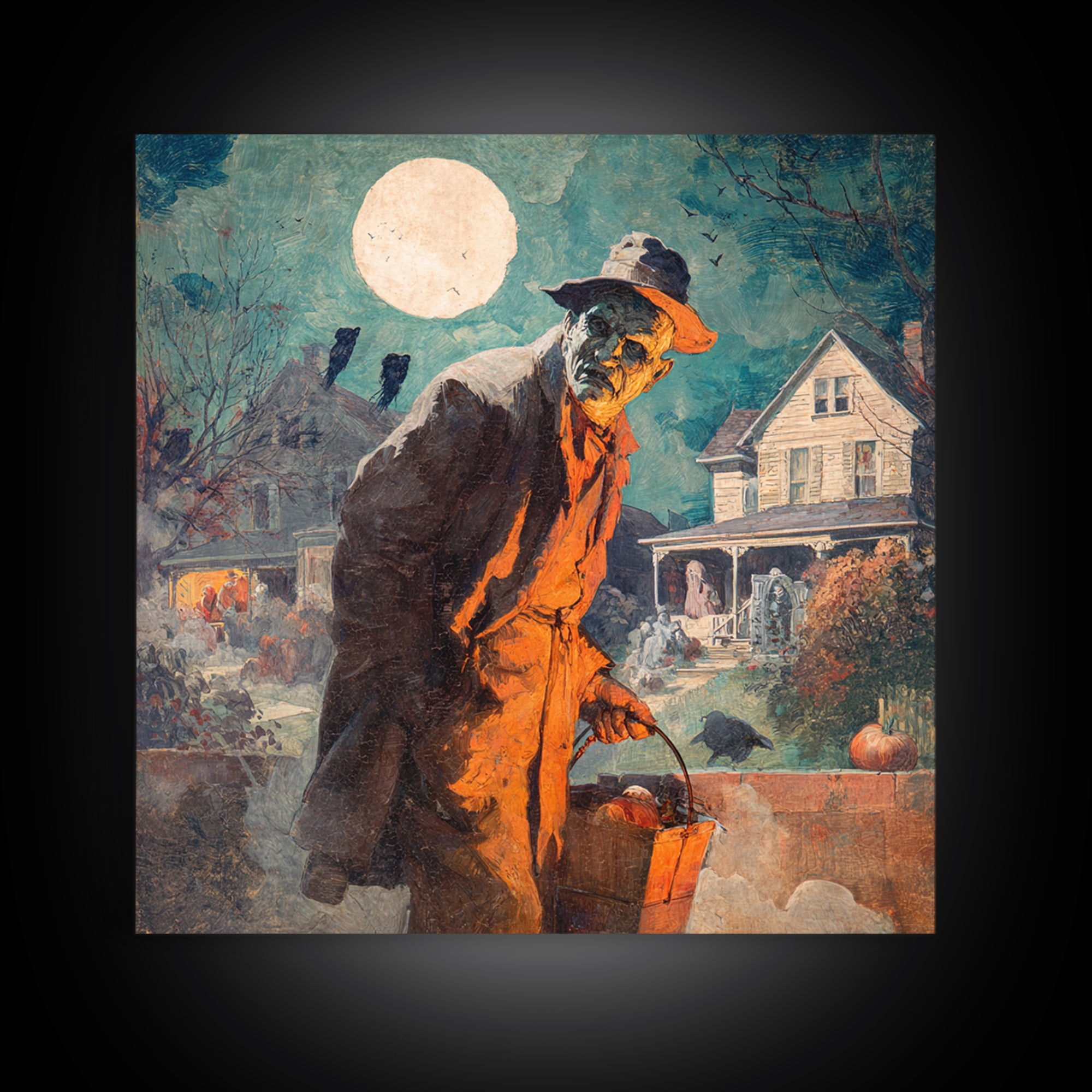 1950s Halloween Nostalgia, Symbolist Etching Art, Square Wall Art, Dark Halloween Decor, Framed Canvas Print, Halloween Wall Art
