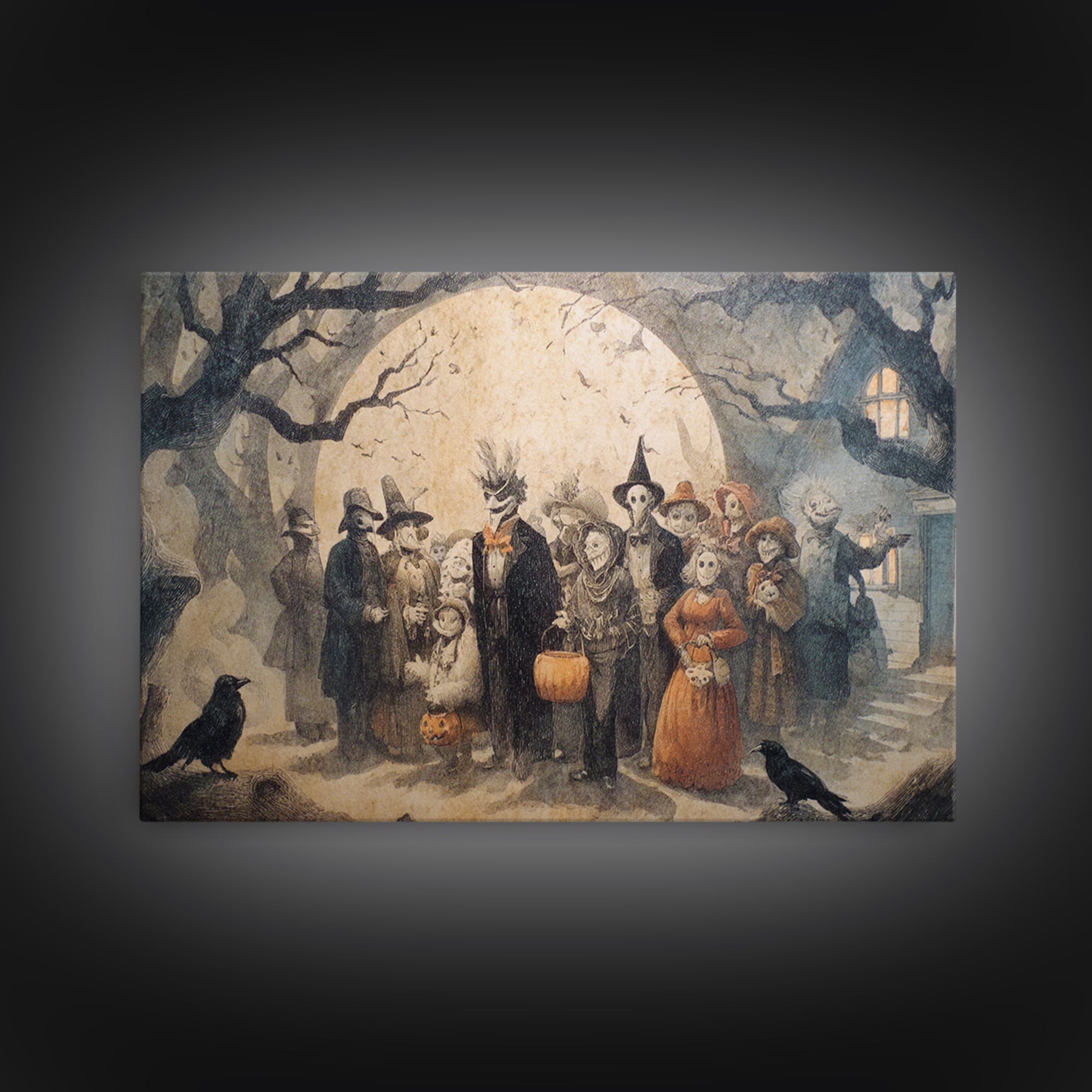 1950s Halloween Nostalgia, Expressionist Nightmare Art, Landscape Wall Art, Macabre Wall Art, Framed Canvas Print, Halloween Wall Art