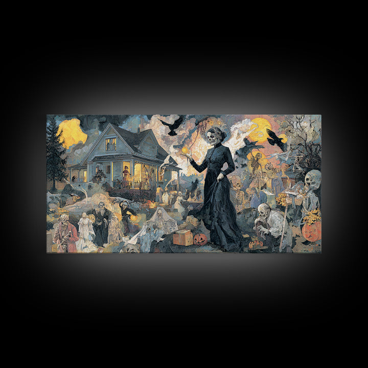 1950s Halloween Nostalgia, Grotesque Carnival Art, Wide Panoramic Art, Dark Halloween Decor, Framed Canvas Print, Halloween Wall Art