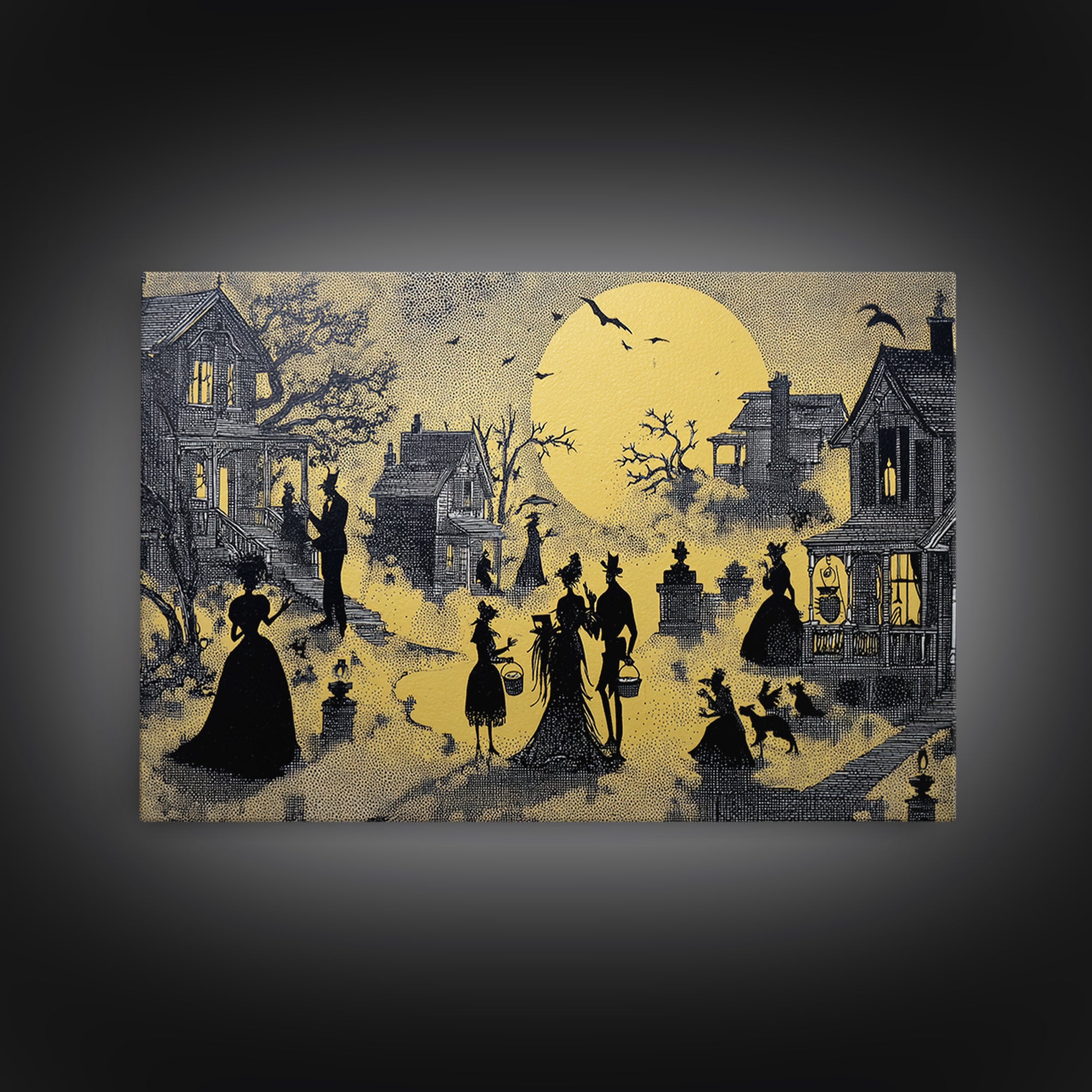 1950s Halloween Nostalgia, Decadent Line Art, Landscape Wall Art, Dark Halloween Decor, Canvas Print, Halloween Wall Art