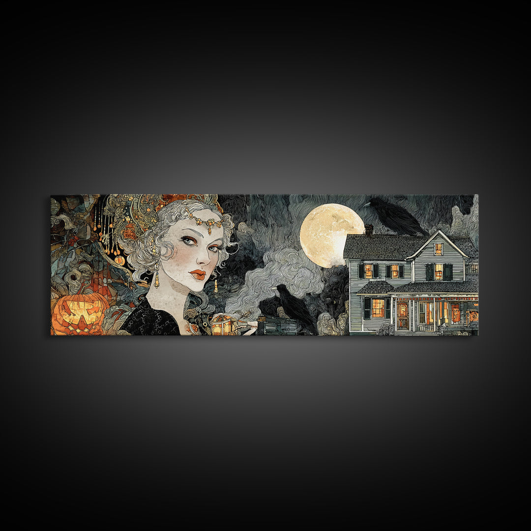 1950s Halloween Nostalgia, Stained Glass Gothic Art, Extra Wide Wall Art, Dark Halloween Decor, Canvas Print, Halloween Wall Art