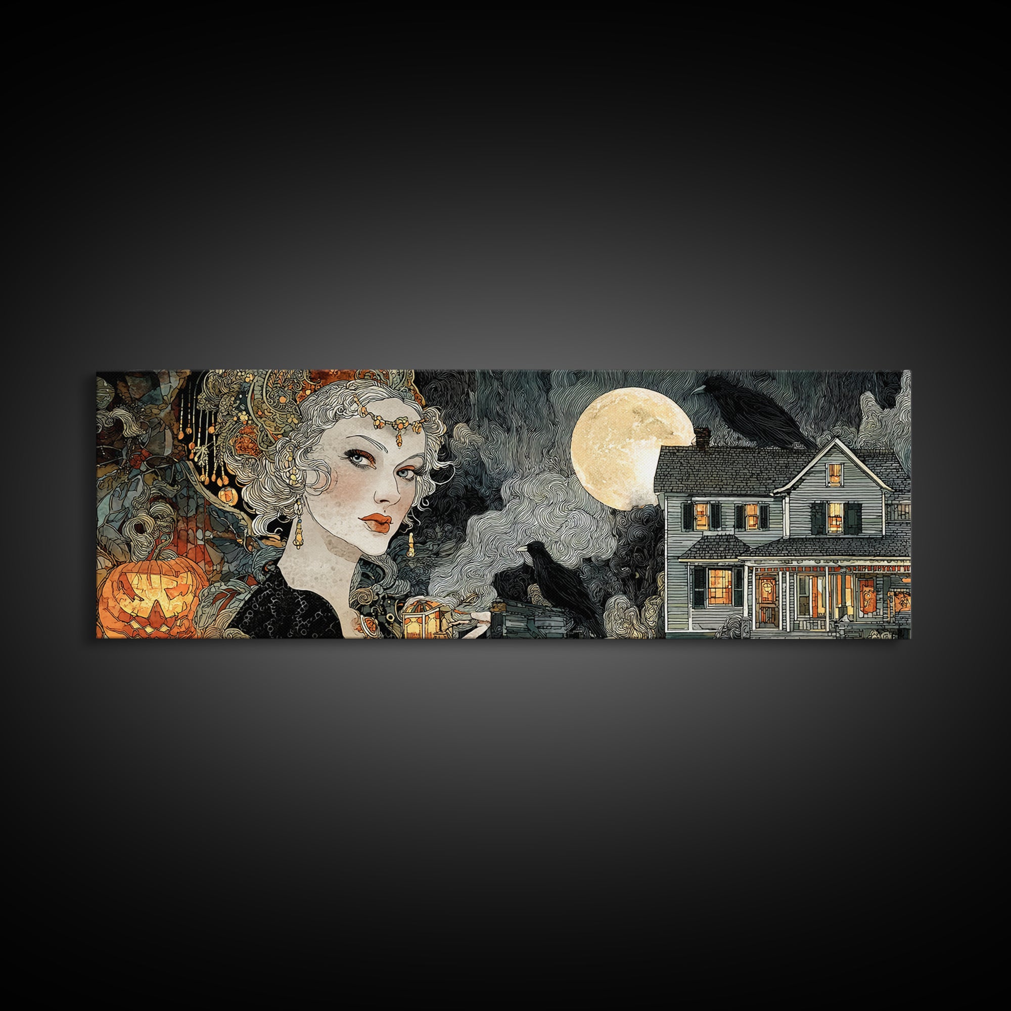 1950s Halloween Nostalgia, Stained Glass Gothic Art, Extra Wide Wall Art, Dark Halloween Decor, Canvas Print, Halloween Wall Art