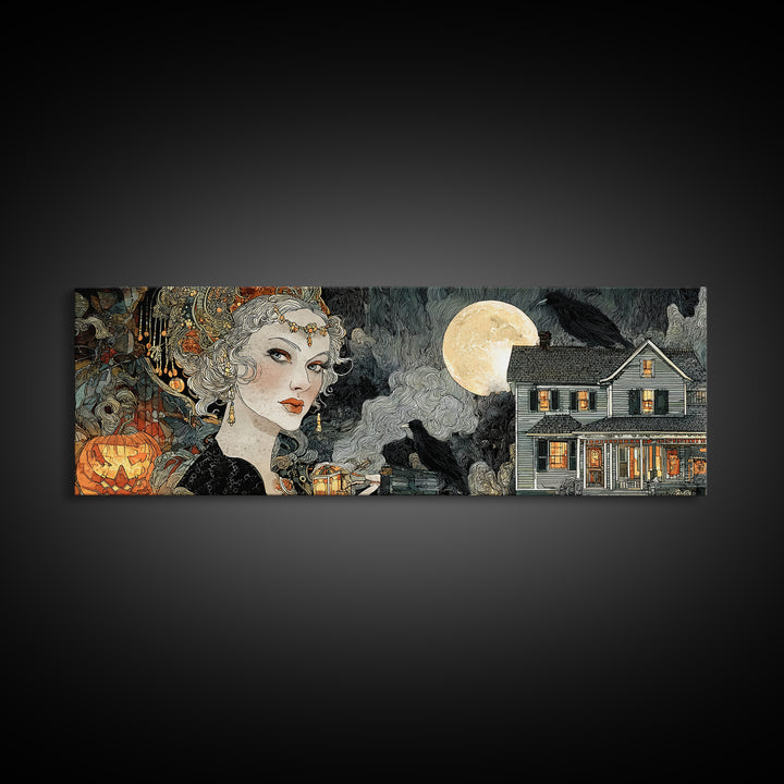 1950s Halloween Nostalgia, Stained Glass Gothic Art, Extra Wide Wall Art, Dark Halloween Decor, Canvas Print, Halloween Wall Art