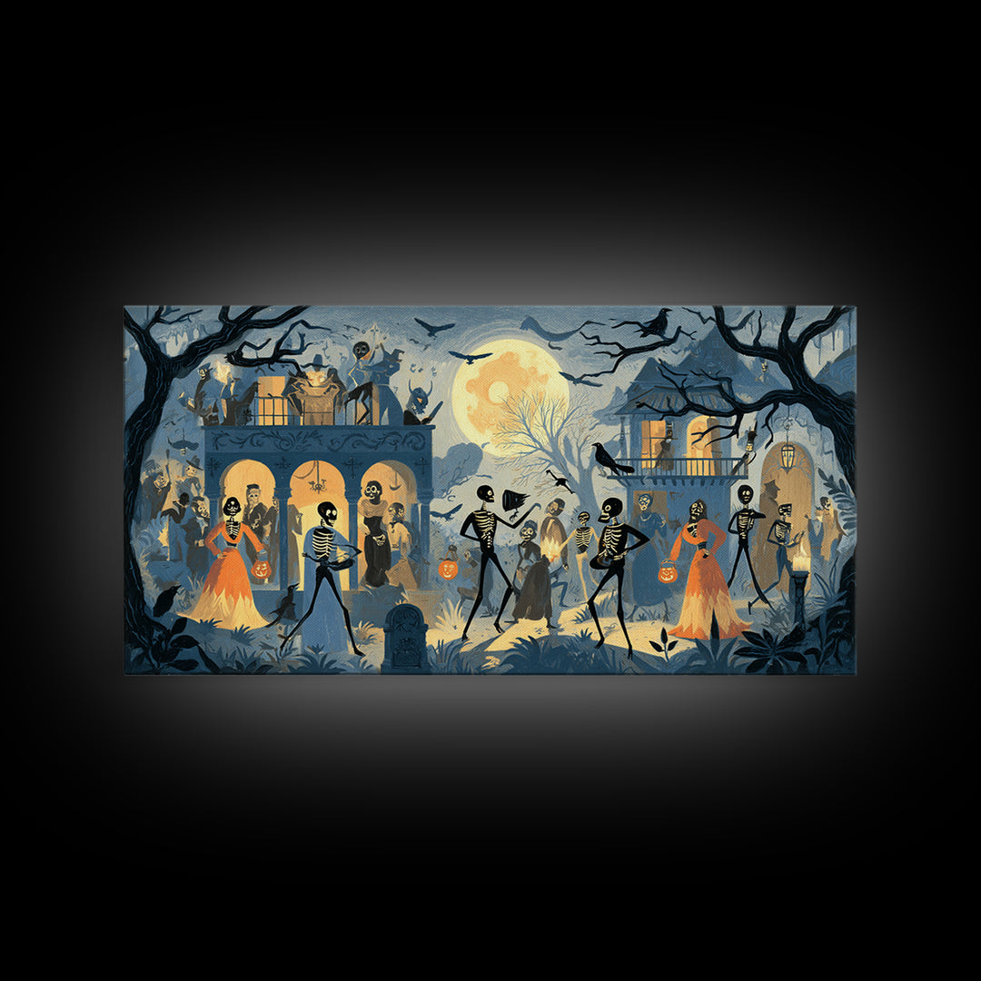1950s Halloween Nostalgia, Macabre Folk Print Art, Wide Panoramic Art, Dark Halloween Decor, Canvas Print, Halloween Wall Art