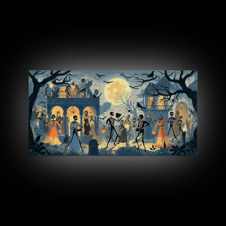 1950s Halloween Nostalgia, Macabre Folk Print Art, Wide Panoramic Art, Dark Halloween Decor, Canvas Print, Halloween Wall Art