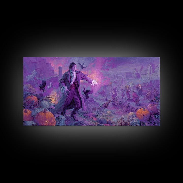 1980s Neon Horror, Northern Renaissance Horror, Wide Panoramic Art, Dark Fantasy Wall Art, Framed Canvas Print, Halloween Wall Art
