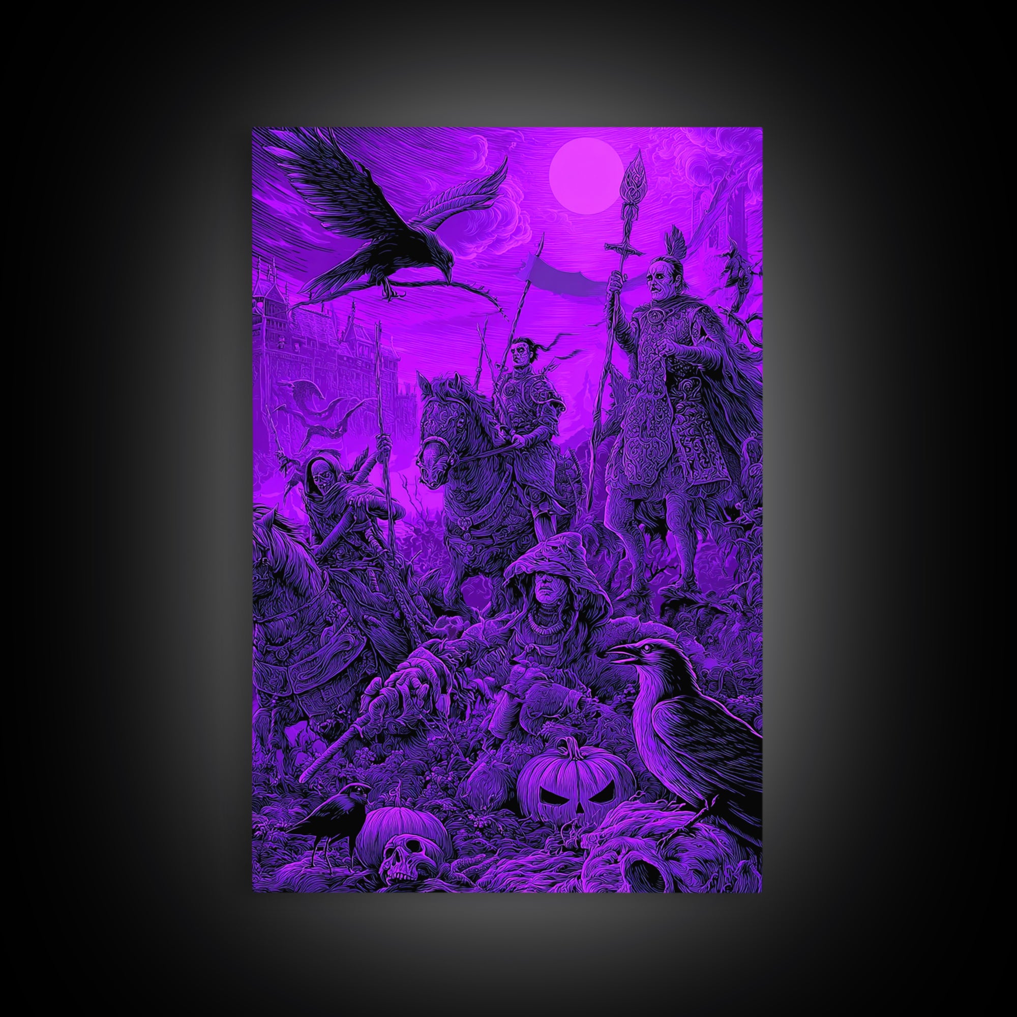 1980s Neon Horror, Renaissance Engraving Art, Vertical Wall Art, Dark Fantasy Wall Art, Framed Canvas Print, Halloween Wall Art