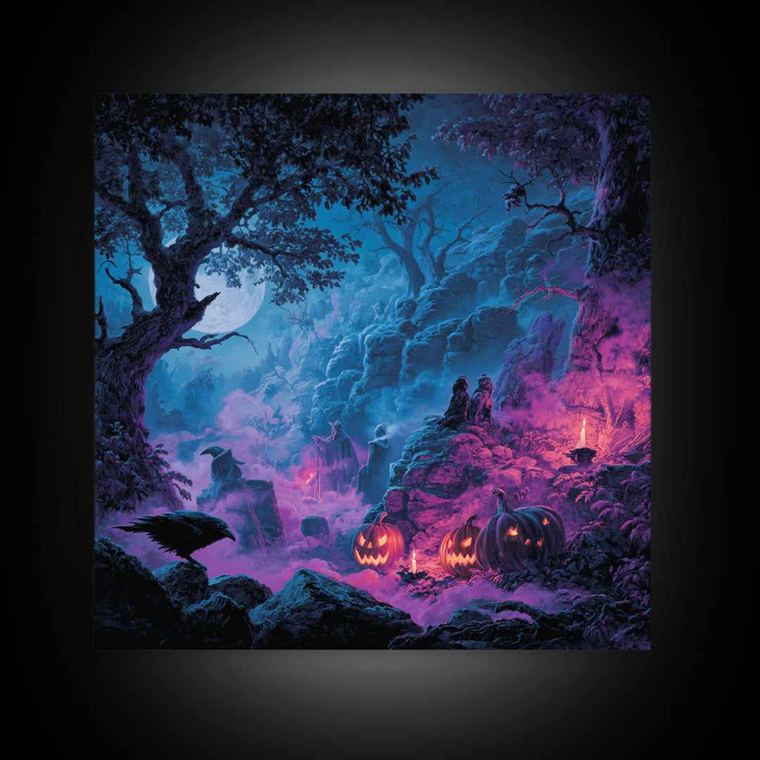 1980s Neon Horror, Baroque Witchcraft Art, Square Wall Art, Dark Halloween Decor, Framed Canvas Print, Halloween Wall Art