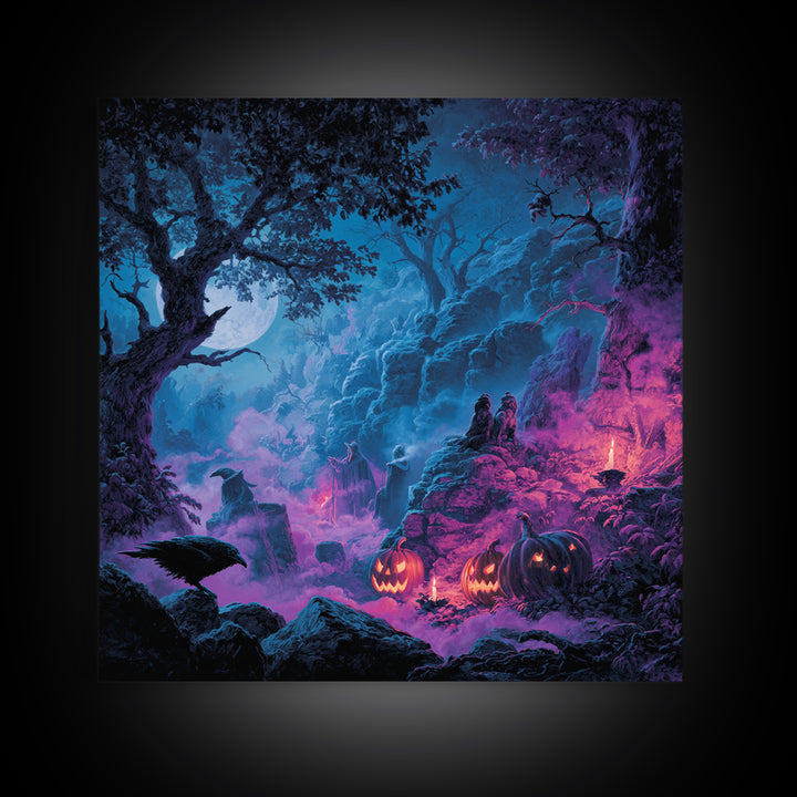 1980s Neon Horror, Baroque Witchcraft Art, Square Wall Art, Dark Halloween Decor, Framed Canvas Print, Halloween Wall Art