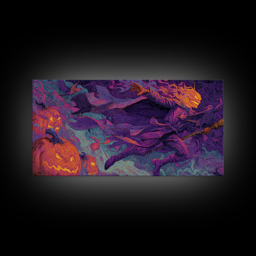 1980s Neon Horror, Visionary Gothic Art, Wide Panoramic Art, Dark Fantasy Wall Art, Canvas Print, Halloween Wall Art
