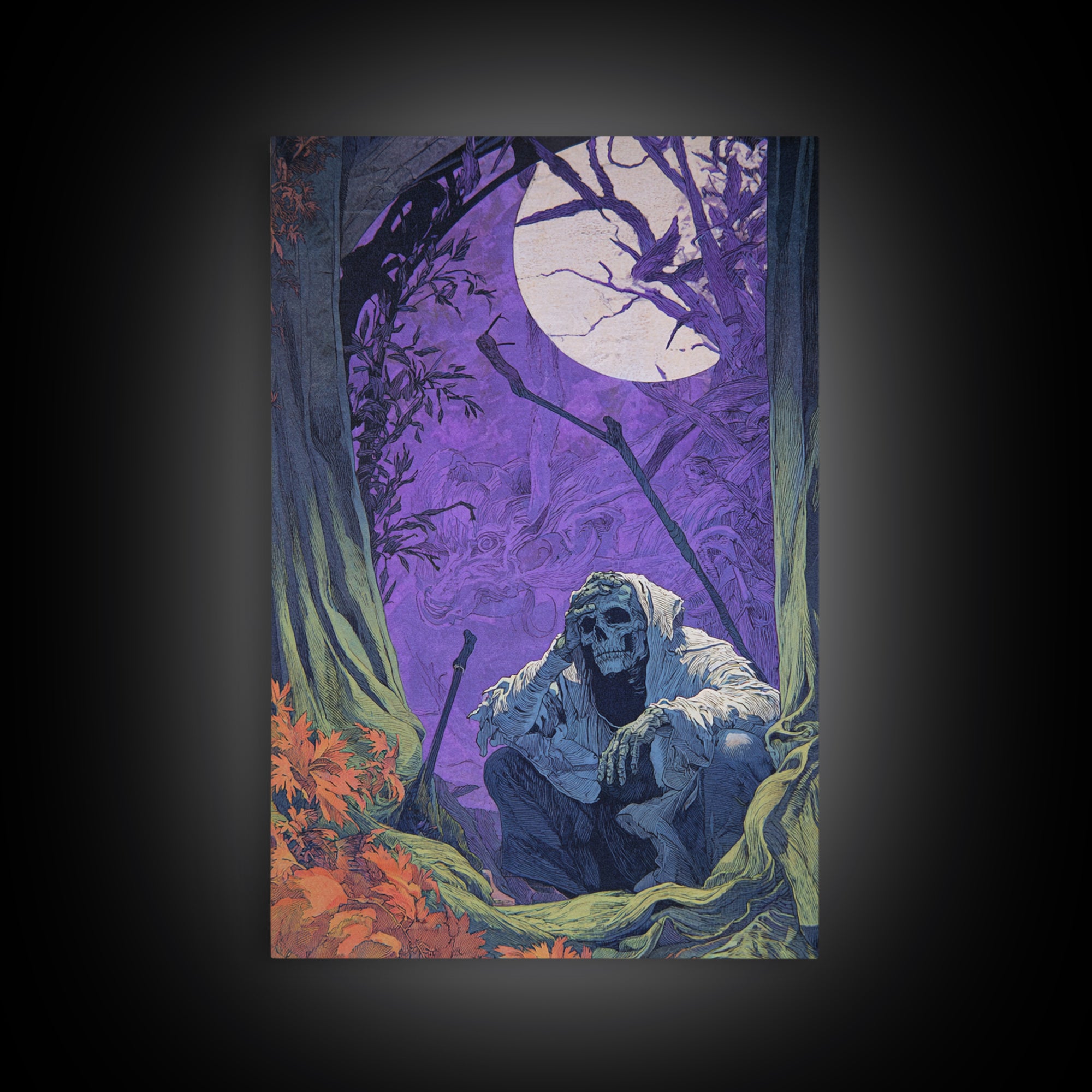 1980s Neon Horror, Symbolist Etching Art, Vertical Wall Art, Macabre Wall Art, Canvas Print, Halloween Wall Art, Gothic Home Decor