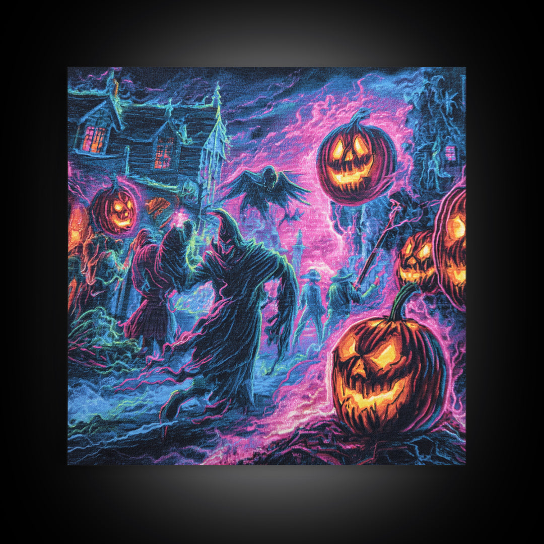 1980s Neon Horror, Grotesque Carnival Art, Square Wall Art, Dark Fantasy Wall Art, Framed Canvas Print, Halloween Wall Art