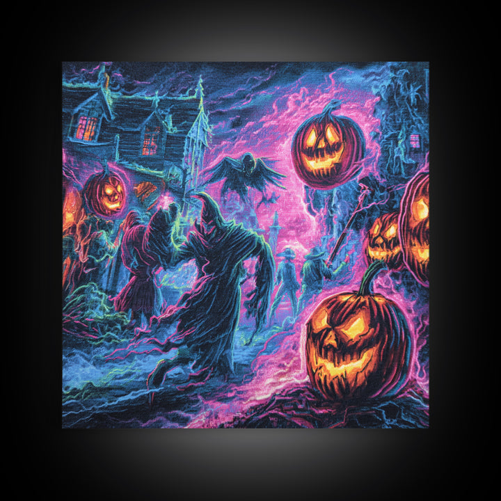 1980s Neon Horror, Grotesque Carnival Art, Square Wall Art, Dark Fantasy Wall Art, Framed Canvas Print, Halloween Wall Art