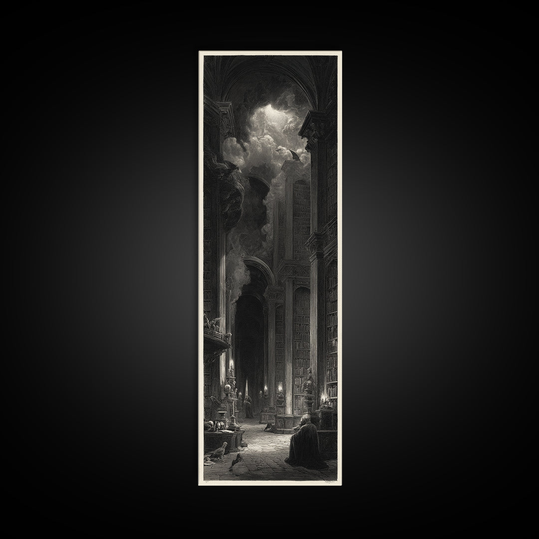 Dark Academia Halloween, Gothic Engraving Art, Tall Narrow Wall Art, Dark Fantasy Wall Art, Canvas Print, Halloween Wall Art