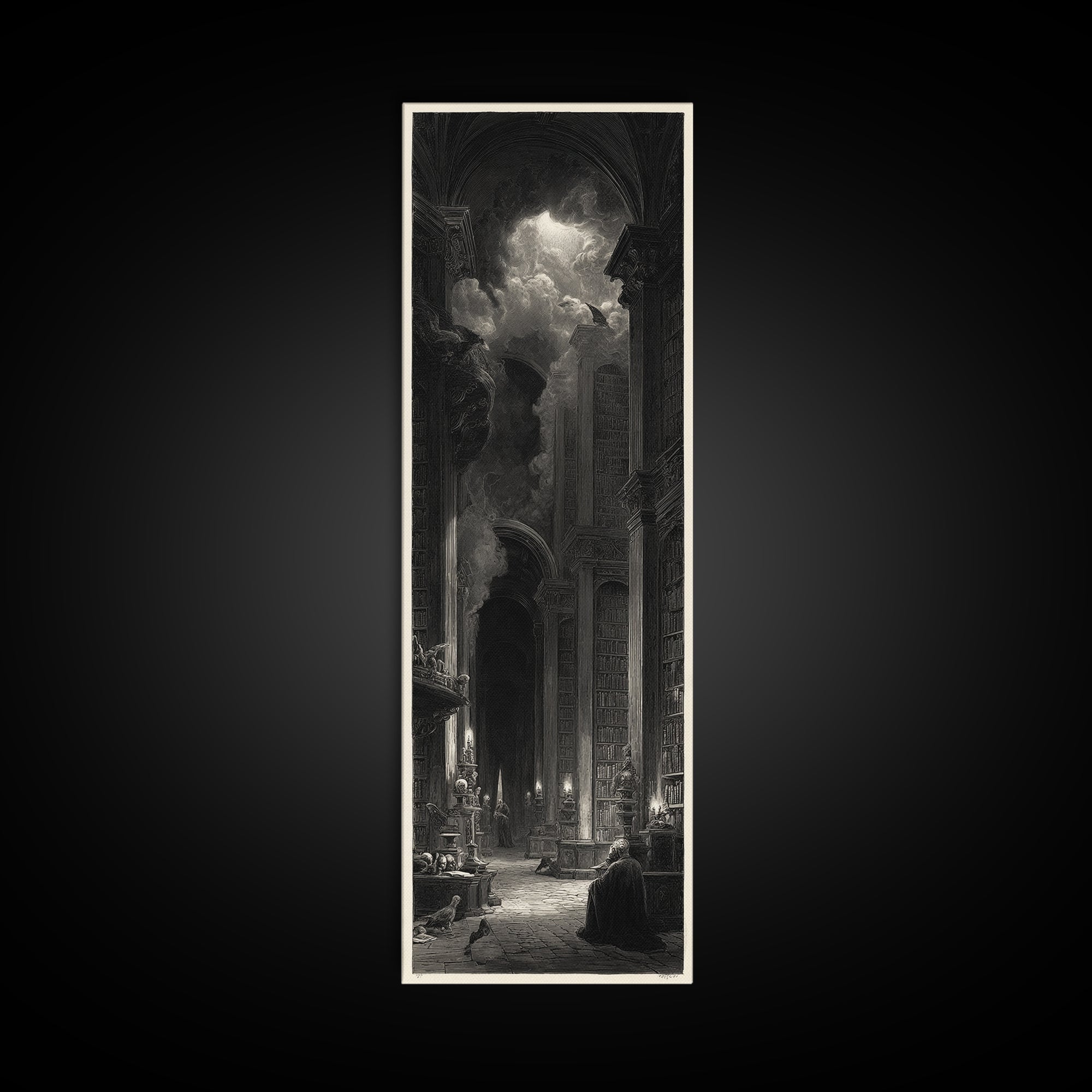 Dark Academia Halloween, Gothic Engraving Art, Tall Narrow Wall Art, Dark Fantasy Wall Art, Canvas Print, Halloween Wall Art