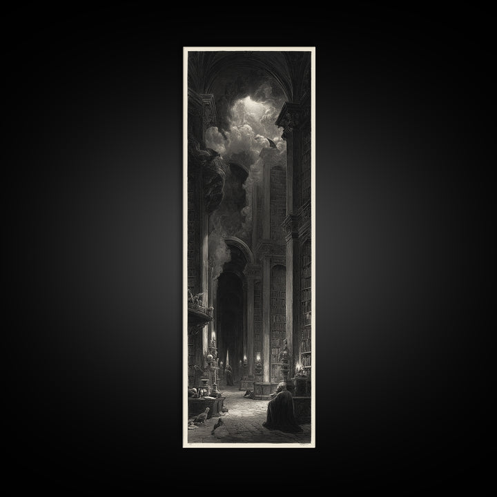 Dark Academia Halloween, Gothic Engraving Art, Tall Narrow Wall Art, Dark Fantasy Wall Art, Canvas Print, Halloween Wall Art