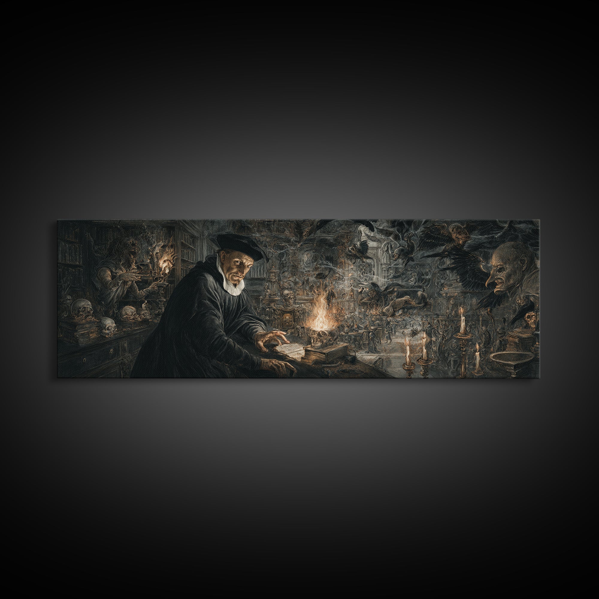 Dark Academia Halloween, Medieval Grotesque Art, Extra Wide Wall Art, Gothic Horror Wall Art, Canvas Print, Halloween Wall Art