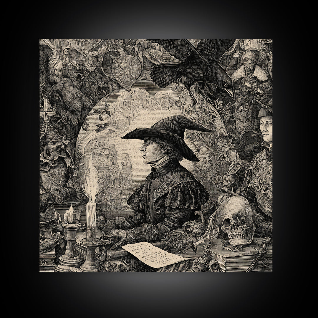 Dark Academia Halloween, Renaissance Engraving Art, Square Wall Art, Gothic Horror Wall Art, Canvas Print, Halloween Wall Art