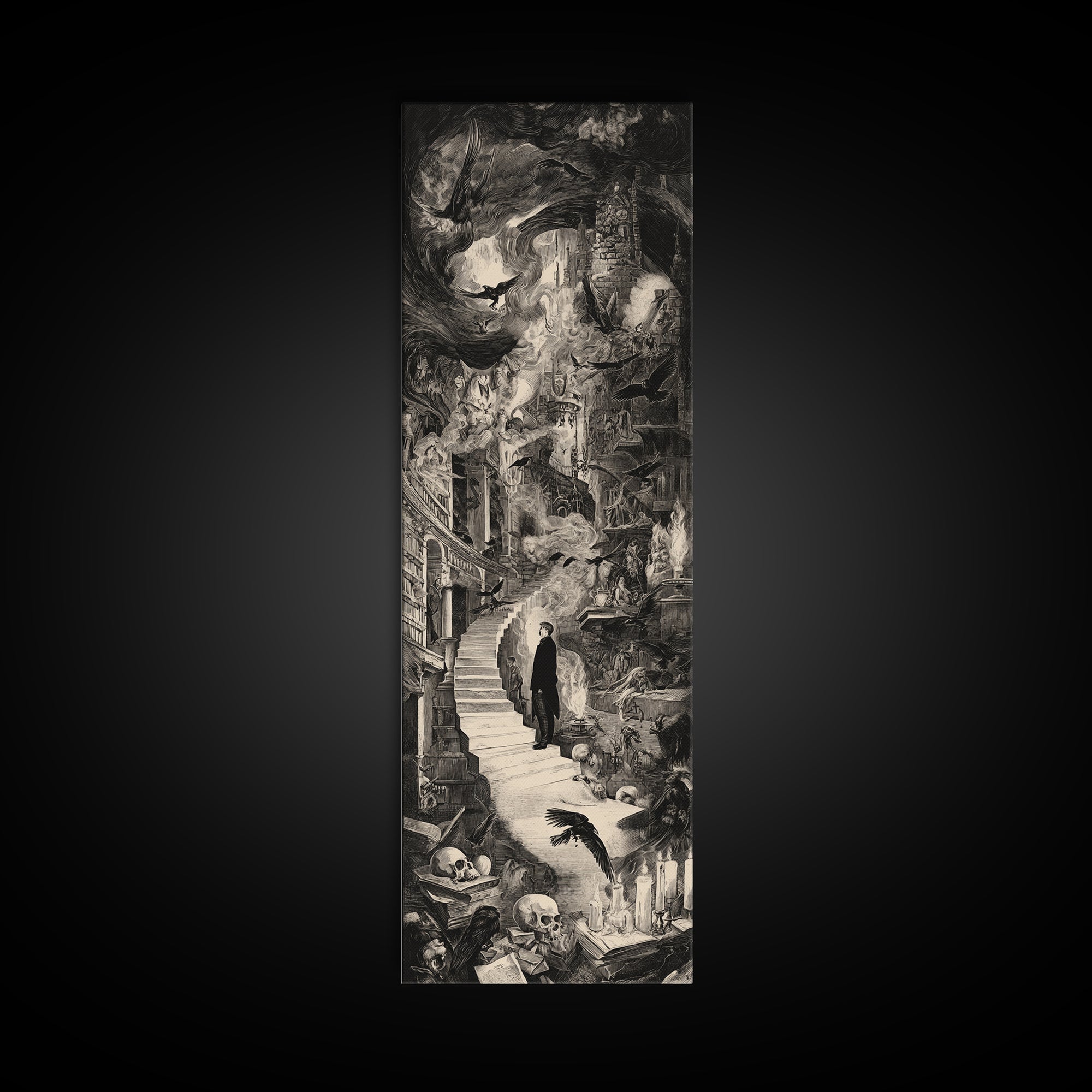 Dark Academia Halloween, Architectural Etching Art, Tall Narrow Wall Art, Macabre Wall Art, Framed Canvas Print