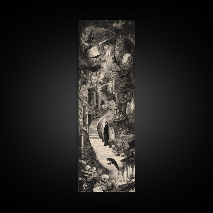 Dark Academia Halloween, Architectural Etching Art, Tall Narrow Wall Art, Macabre Wall Art, Framed Canvas Print