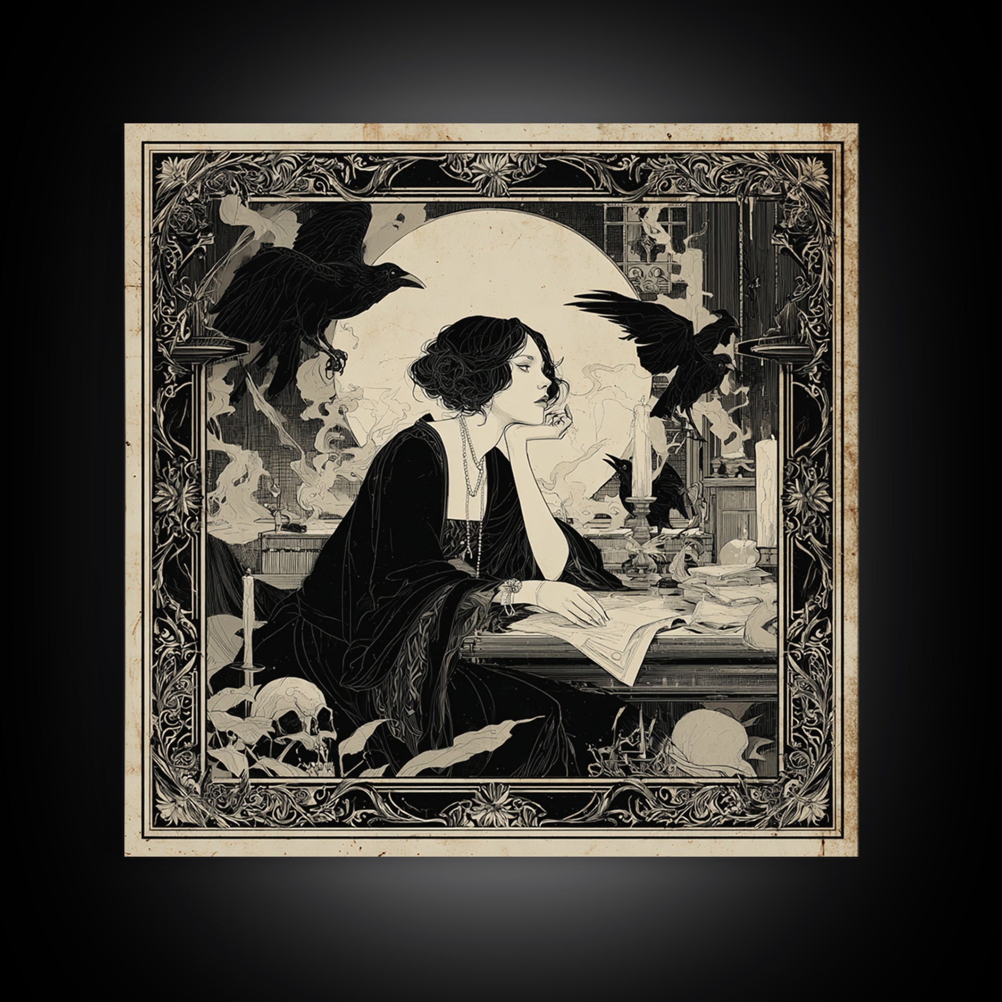 Dark Academia Halloween, Decadent Line Art, Square Wall Art, Dark Halloween Decor, Framed Canvas Print, Halloween Wall Art