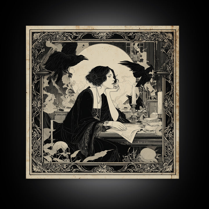 Dark Academia Halloween, Decadent Line Art, Square Wall Art, Dark Halloween Decor, Framed Canvas Print, Halloween Wall Art