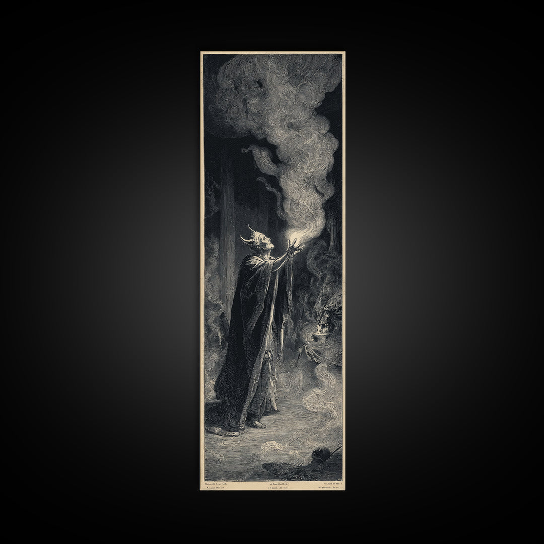 Celestial Witchcraft, Gothic Engraving Art, Tall Narrow Wall Art, Dark Fantasy Wall Art, Framed Canvas Print, Halloween Wall Art