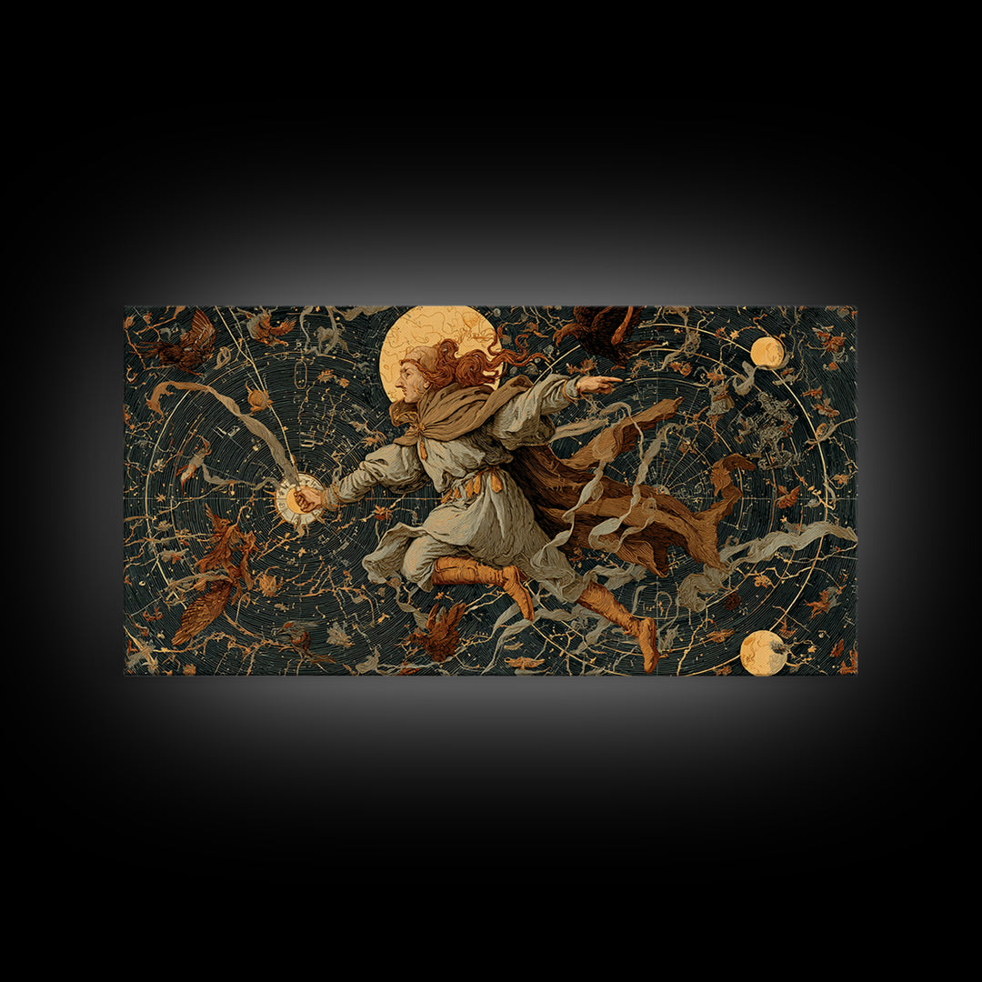 Celestial Witchcraft, Medieval Grotesque Art, Wide Panoramic Art, Macabre Wall Art, Framed Canvas Print, Halloween Wall Art