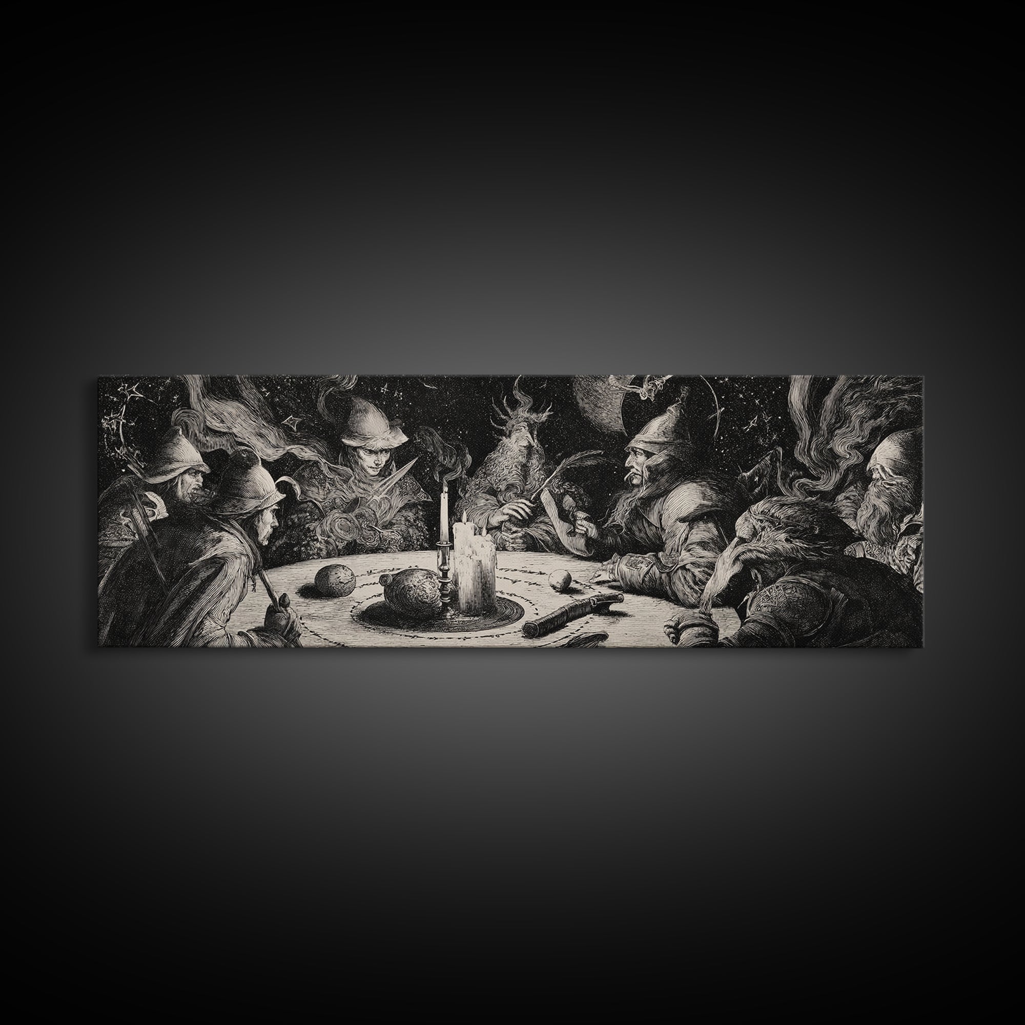 Celestial Witchcraft, Renaissance Engraving Art, Extra Wide Wall Art, Gothic Horror Wall Art, Canvas Print, Halloween Wall Art