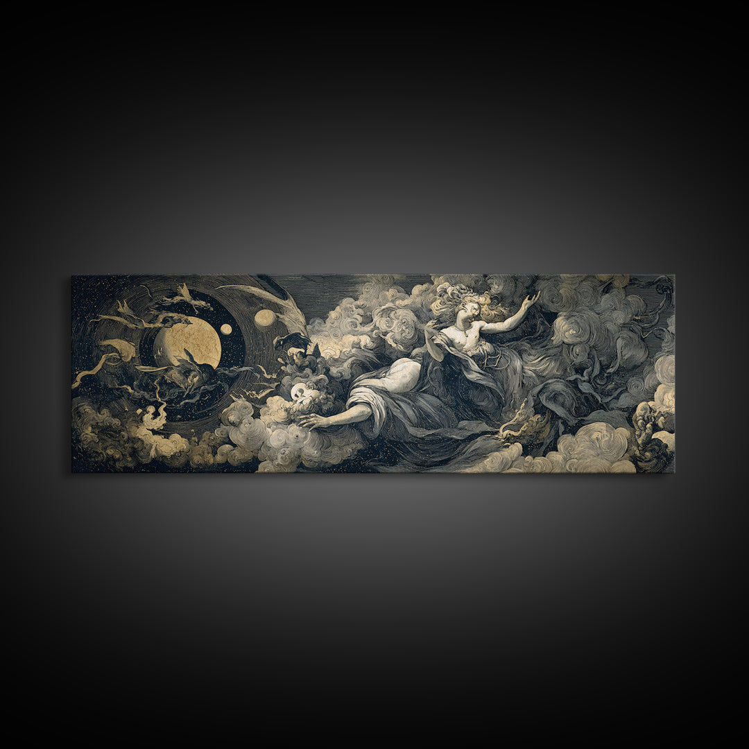 Celestial Witchcraft, Gothic Nightmare Art, Extra Wide Wall Art, Dark Halloween Decor, Canvas Print, Halloween Wall Art