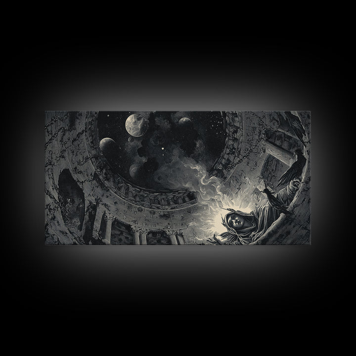 Celestial Witchcraft, Architectural Etching Art, Wide Panoramic Art, Gothic Horror Wall Art, Framed Canvas Print