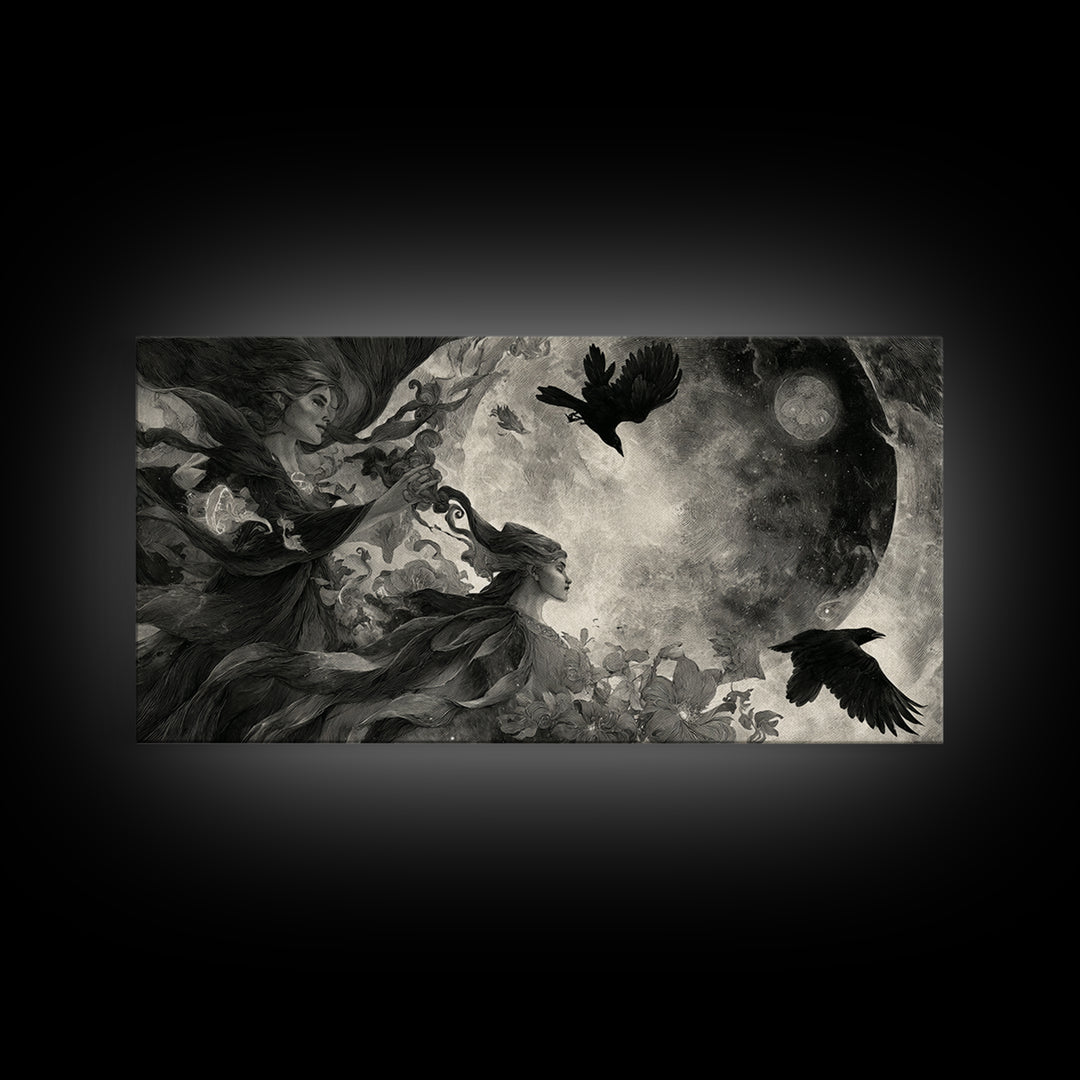 Celestial Witchcraft, Symbolist Dream Art, Wide Panoramic Art, Dark Fantasy Wall Art, Framed Canvas Print, Halloween Wall Art
