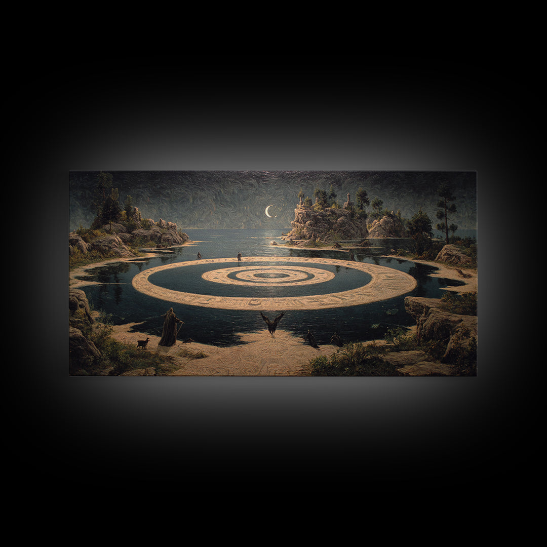 Celestial Witchcraft, Symbolist Gothic Landscape, Wide Panoramic Art, Dark Halloween Decor, Framed Canvas Print, Halloween Wall Art