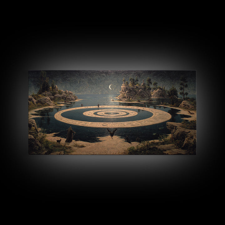 Celestial Witchcraft, Symbolist Gothic Landscape, Wide Panoramic Art, Dark Halloween Decor, Framed Canvas Print, Halloween Wall Art