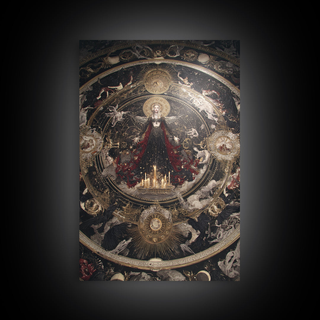 Celestial Witchcraft, Ornate Symbolist Art, Vertical Wall Art, Dark Fantasy Wall Art, Framed Canvas Print, Halloween Wall Art
