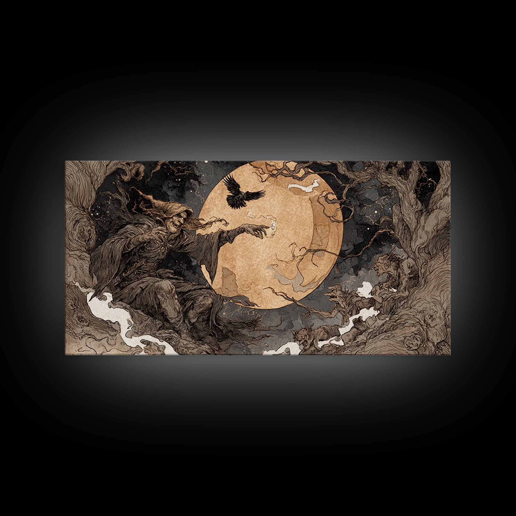 Celestial Witchcraft, Gothic Storybook Art, Wide Panoramic Art, Dark Halloween Decor, Canvas Print, Halloween Wall Art