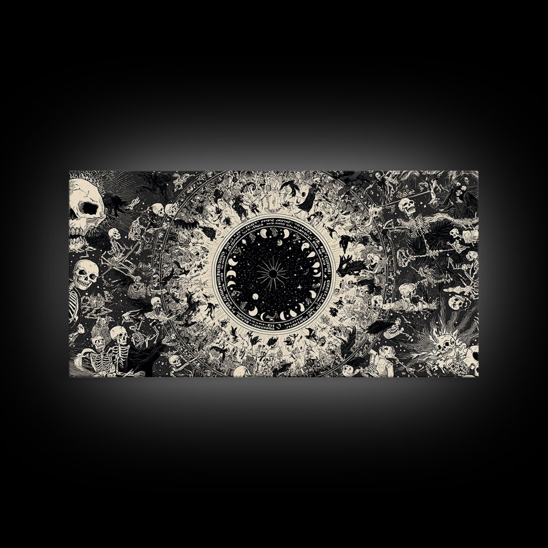 Celestial Witchcraft, Macabre Folk Print Art, Wide Panoramic Art, Dark Halloween Decor, Framed Canvas Print, Halloween Wall Art
