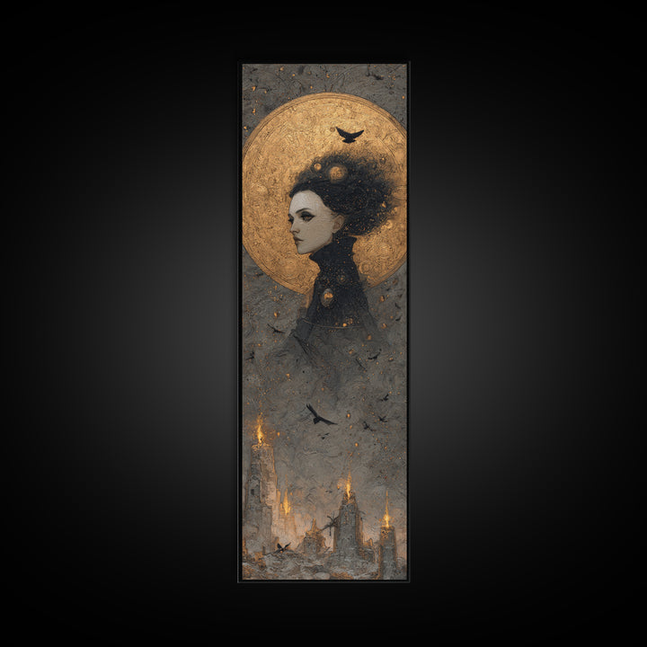 Celestial Witchcraft, Surreal Apocalyptic Art, Tall Narrow Wall Art, Dark Fantasy Wall Art, Framed Canvas Print, Halloween Wall Art