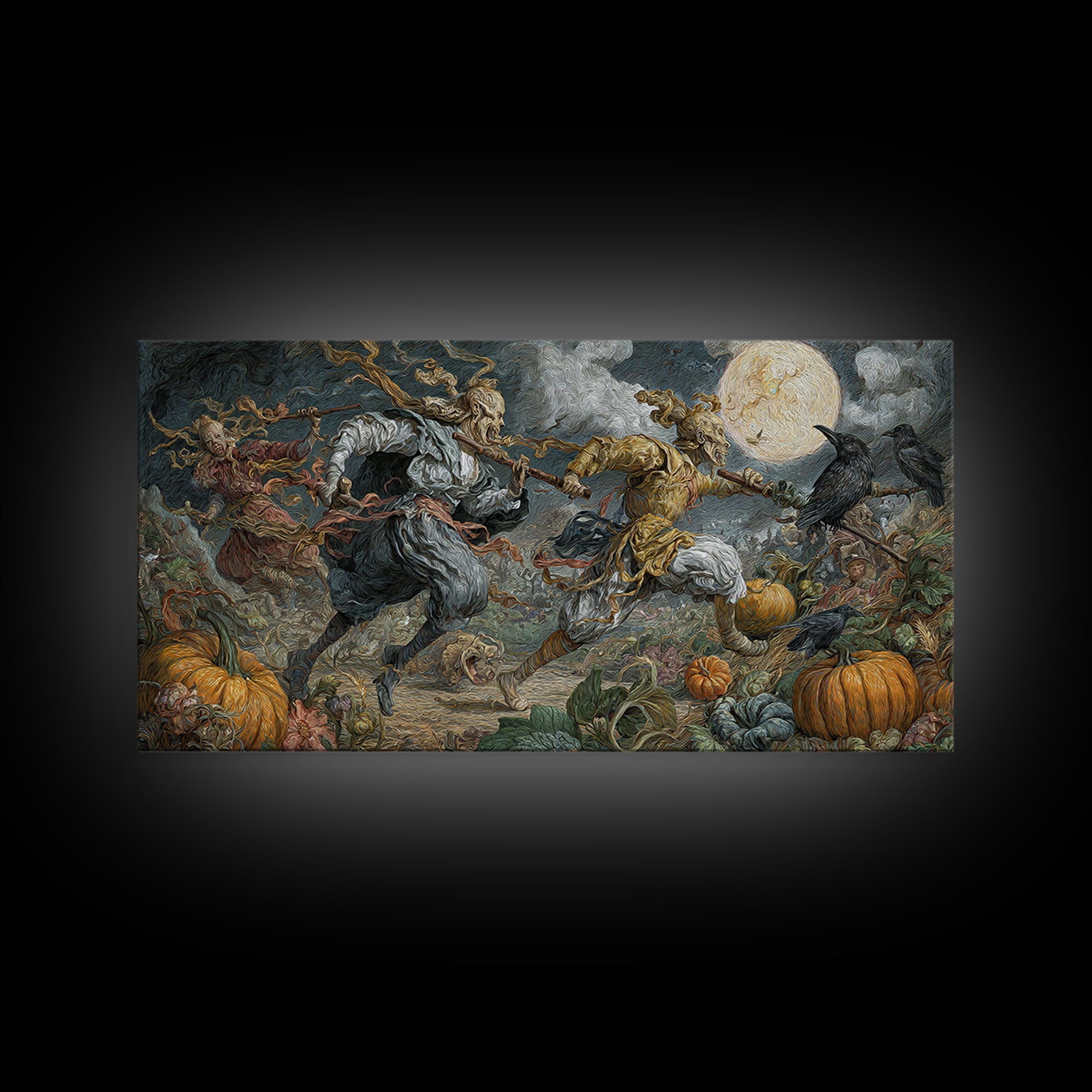 Occult Harvest Festival, Gothic Engraving Art, Wide Panoramic Art, Macabre Wall Art, Framed Canvas Print, Halloween Wall Art