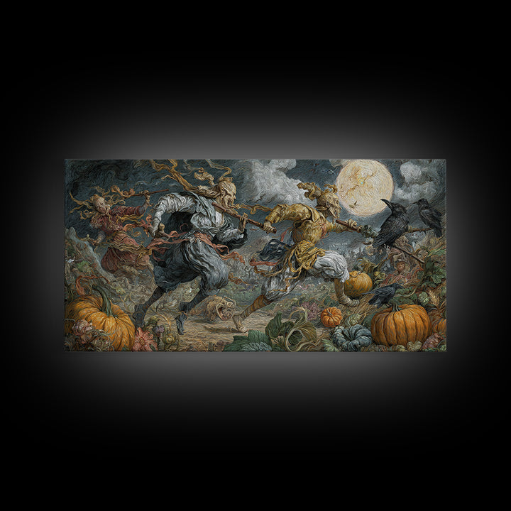 Occult Harvest Festival, Gothic Engraving Art, Wide Panoramic Art, Macabre Wall Art, Framed Canvas Print, Halloween Wall Art