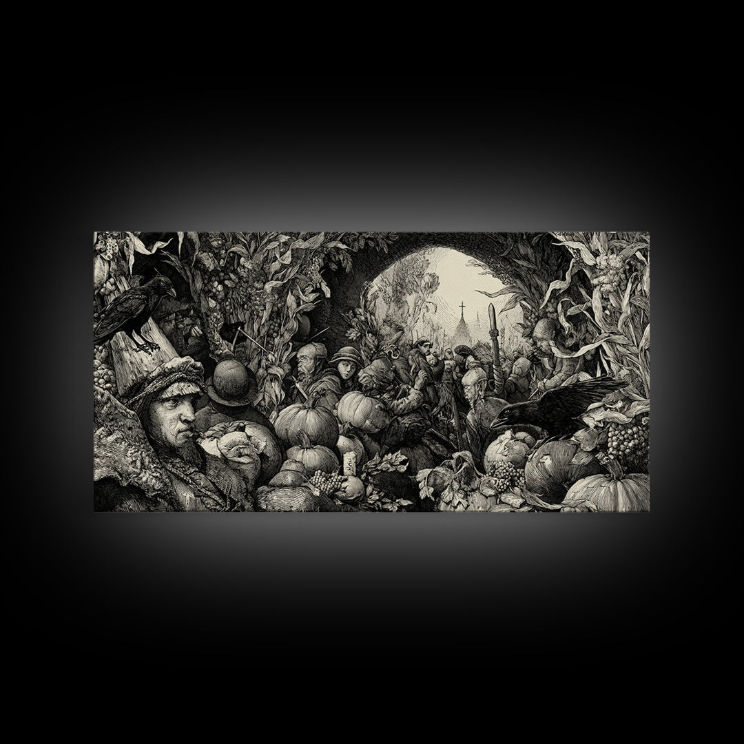 Occult Harvest Festival, Renaissance Engraving Art, Wide Panoramic Art, Gothic Horror Wall Art, Framed Canvas Print, Halloween Wall Art