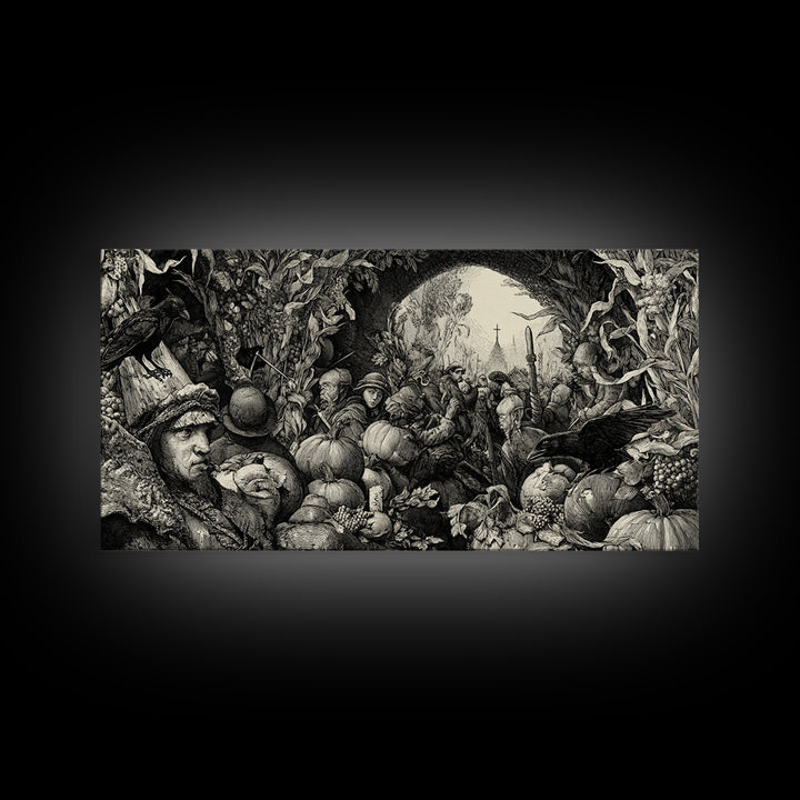 Occult Harvest Festival, Renaissance Engraving Art, Wide Panoramic Art, Gothic Horror Wall Art, Framed Canvas Print, Halloween Wall Art
