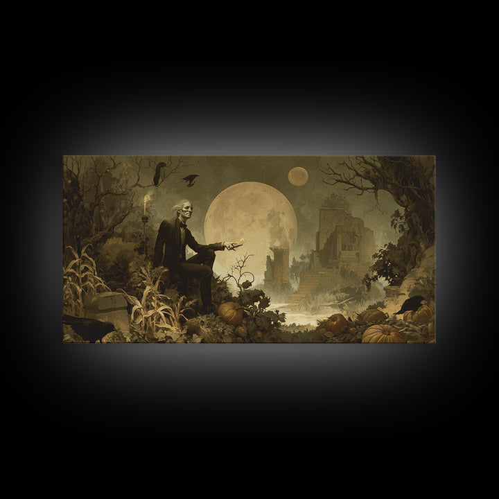 Occult Harvest Festival, Romantic Gothic Landscape, Wide Panoramic Art, Macabre Wall Art, Framed Canvas Print, Halloween Wall Art