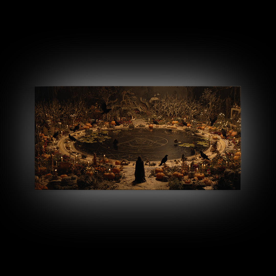 Occult Harvest Festival, Symbolist Gothic Landscape, Wide Panoramic Art, Dark Fantasy Wall Art, Framed Canvas Print, Halloween Wall Art