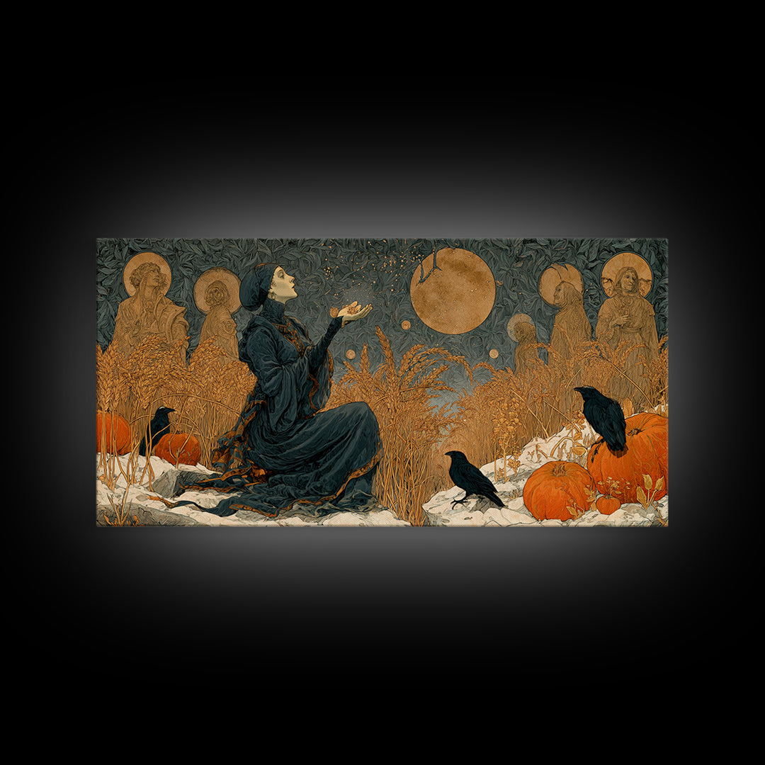 Occult Harvest Festival, Symbolist Death Art, Wide Panoramic Art, Dark Halloween Decor, Framed Canvas Print, Halloween Wall Art