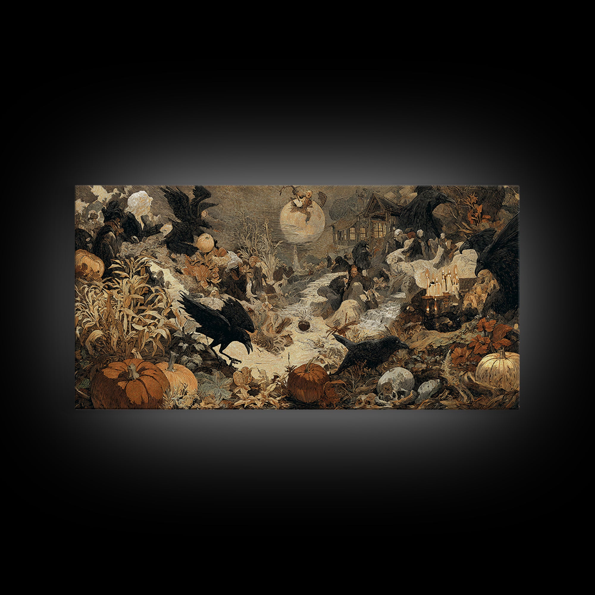 Occult Harvest Festival, Symbolist Etching Art, Wide Panoramic Art, Macabre Wall Art, Framed Canvas Print, Halloween Wall Art