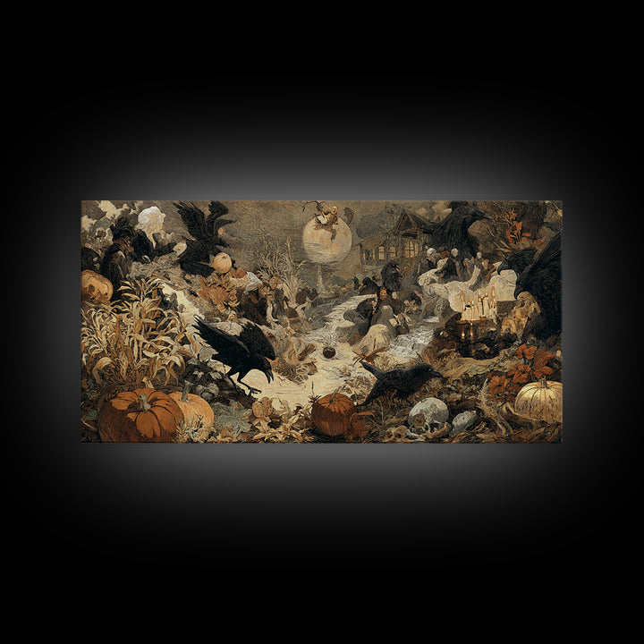 Occult Harvest Festival, Symbolist Etching Art, Wide Panoramic Art, Macabre Wall Art, Framed Canvas Print, Halloween Wall Art