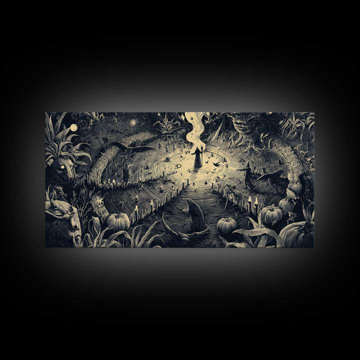 Occult Harvest Festival, Expressionist Nightmare Art, Wide Panoramic Art, Dark Halloween Decor, Canvas Print, Halloween Wall Art