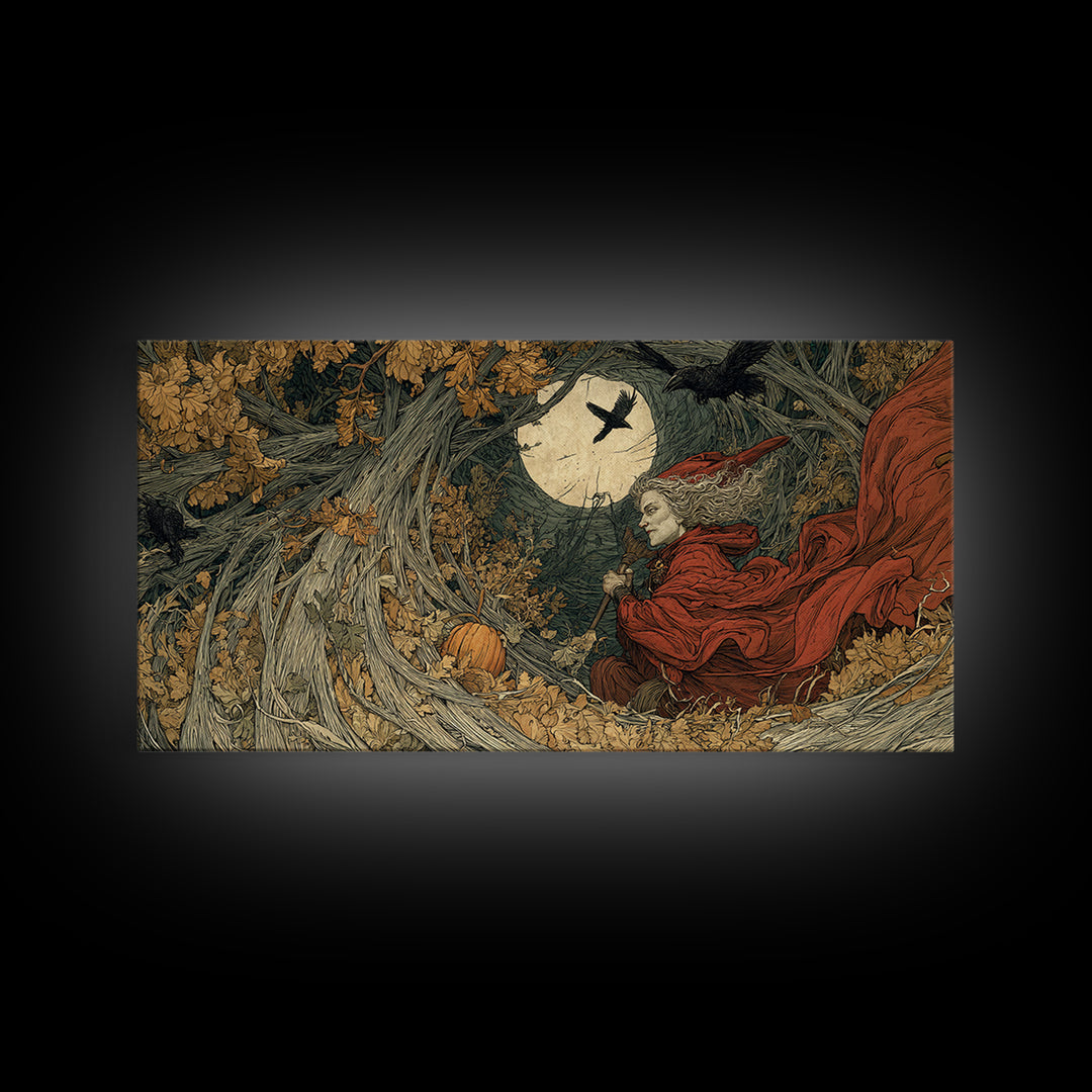 Occult Harvest Festival, Gothic Storybook Art, Wide Panoramic Art, Dark Halloween Decor, Canvas Print, Halloween Wall Art