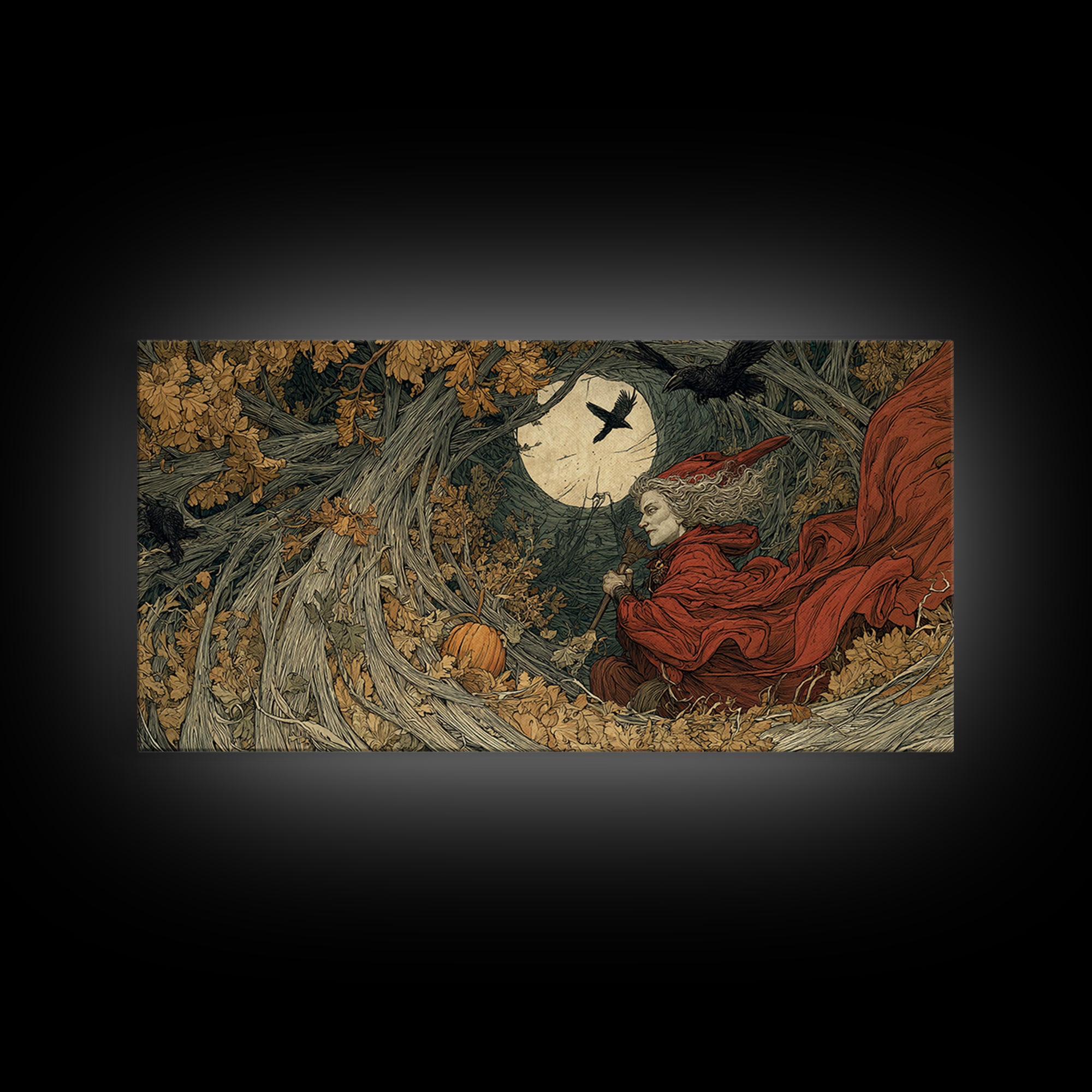 Occult Harvest Festival, Gothic Storybook Art, Wide Panoramic Art, Dark Halloween Decor, Canvas Print, Halloween Wall Art